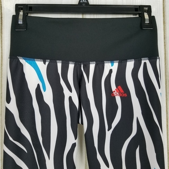 Adidas Black Blue Zebra Stripe Medium Rise Compression Leggings - Picture 3 of 9